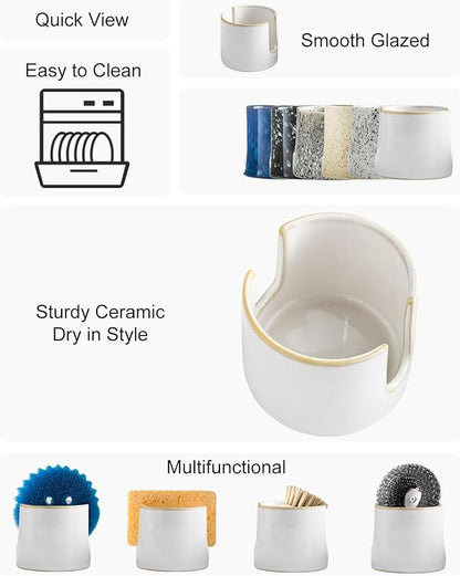 Zoeeker Sponge Holder for Kitchen Sink, Ceramic Dish Sponge Drying Caddy Scrubby Daddy Kitchen Organizer Cute Dish Rack for Sink Counter, Beige White