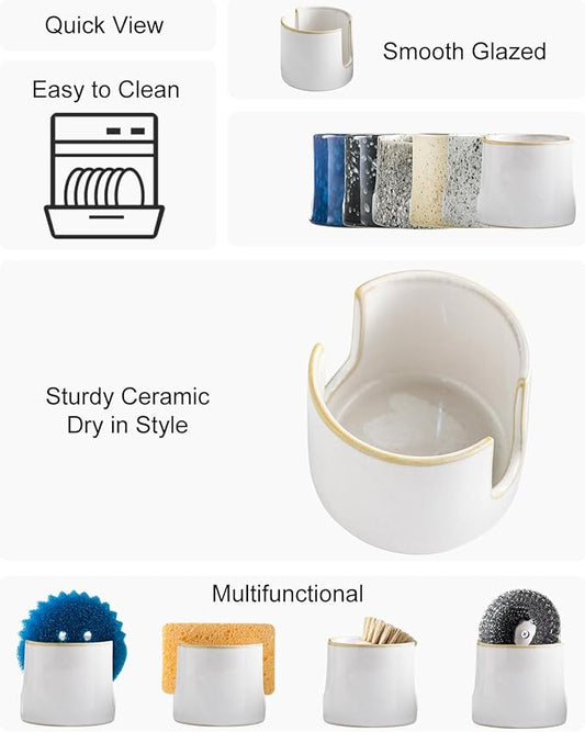 Zoeeker Sponge Holder for Kitchen Sink, Ceramic Dish Sponge Drying Caddy Scrubby Daddy Kitchen Organizer Cute Dish Rack for Sink Counter, Beige White