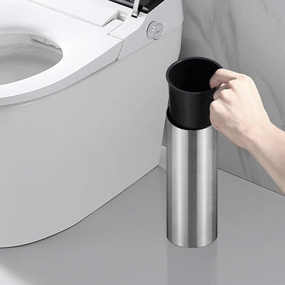 Toilet Brush and Brush Holder - Brushed Nickel Toilet Brush Stainless Steel Round Toilet Brush with Removable Inner Bucket and Splash-Proof Metal Cover Protection - Dense Bristles (with Handle)