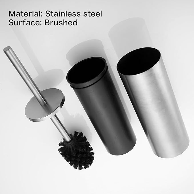 Toilet Brush and Brush Holder - Brushed Nickel Toilet Brush Stainless Steel Round Toilet Brush with Removable Inner Bucket and Splash-Proof Metal Cover Protection - Dense Bristles (with Handle)