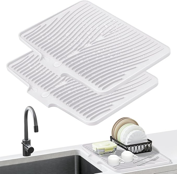 Silicone Dish Drying Mat for Kitchen Counter, Dish Drying Pad, Non-Slip Drain Pad with Built-in Drain, Heat Resistant Stone Drying Mat,Ivory, 2pcs-XL