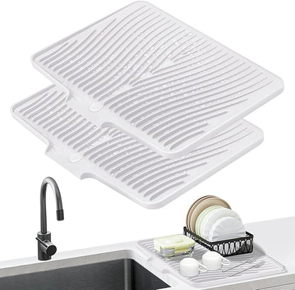 Silicone Dish Drying Mat for Kitchen Counter, Dish Drying Pad, Non-Slip Drain Pad with Built-in Drain, Heat Resistant Stone Drying Mat,Ivory, 2pcs-XL