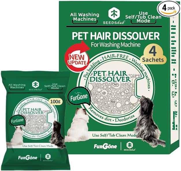 FURGONE by Seedshub Upgraded Pet Hair Dissolver Pro Washing Machine Cleaner Powder, Deep Cleaning Pet Bedding, 100g, 4 Sachets, Dog Cat Hair | Stain | Odor Remover for Laundry, No More Fur