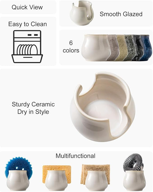 Zoeeker Sponge Holder for Kitchen Sink Counter, Ceramic Dish Sponge Caddy White Sink Organizer Dish Rack Farmhouse Brush Holder for Bathroom, Kitchen, White