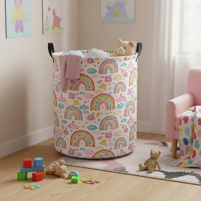 Baby Laundry Hamper kids laundry Basket Waterproof Laundry Bag for Bedroom Toy Clothes Organizer Room Décor(Pink Rainbow)