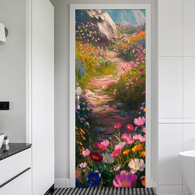 REDAMANCY Pink Blue Orange Wildflower Pathway Peel and Stick Door Stickers Vinyl 3D Door Mural Decals Decor Wallpaper Self-Adhesive, Waterproof, Removable