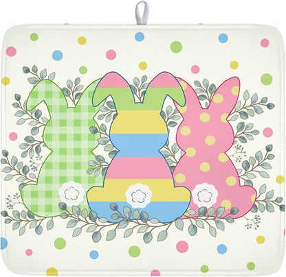 Easter Bunny Dish Drying Mat for Kitchen Counter Cute Rabbit Colorful Polka Dots Pattern Drying Mat 16x18 Inch Spring Holiday Absorbent Dish Drainer Mat Kitchen Accessories