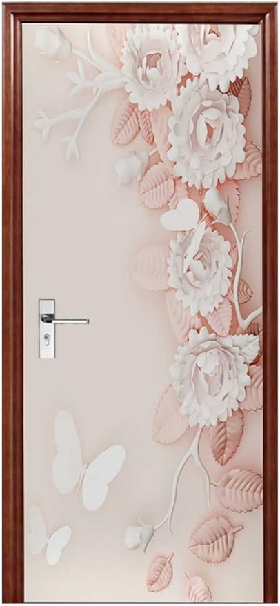 A.Monamour 3D Door Stickers for Interior Doors Pink White Flowers Floral Background Vinyl Waterproof Self Adhesive Door Mural Decals for Bedroom Office Bathroom 85x215cm