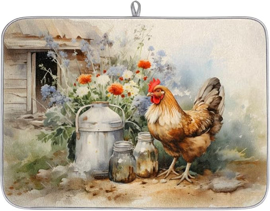 Honeybaby Dish Drying Mat Farm Chicken Hen Dish Drying Mats for Kitchen Counter Absorbent Kitchen Drying Mat Dish Rack Mat 18x24 inches