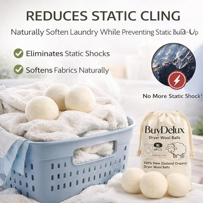 Wool Dryer Balls 4 Pack XL 7cm, 100% New Zealand Wool, Reusable 1000+ Loads, Natural Fabric Softener Alternative, Reduces Static & Wrinkles.