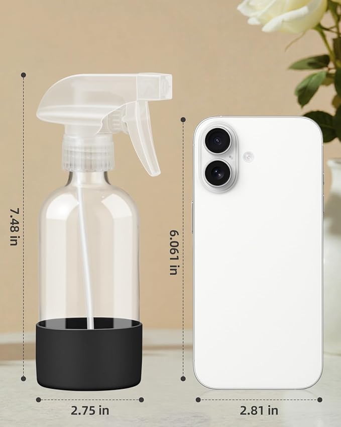 Worldgsb 2 Pack Glass Spray Bottles 8 oz, Empty Refillable Containers with Silicone Sleeve Protection, Glass Spray Bottles for Cleaning Solutions, Hair and Plants with Adjustable Nozzles Black