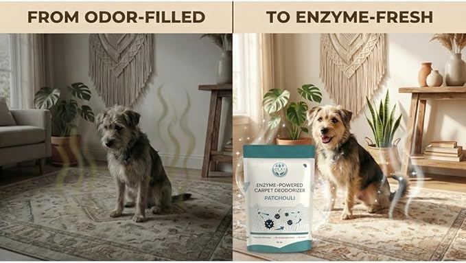 Enzyme-Powered Carpet Deodorizer (Powder) - Patchouli | Natural Pet Odor Eliminator | Bio-Enzymatic Formula, Premium Performance, Eco Friendly | 16 oz