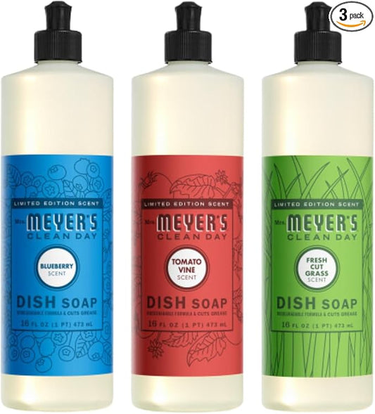 Mrs. MEYER'S Clean Day Dish Soap 16 FL OZ Each, Fresh Cut Grass, Tomato Vine, Blueberry, 1 CT (Variety Pack)