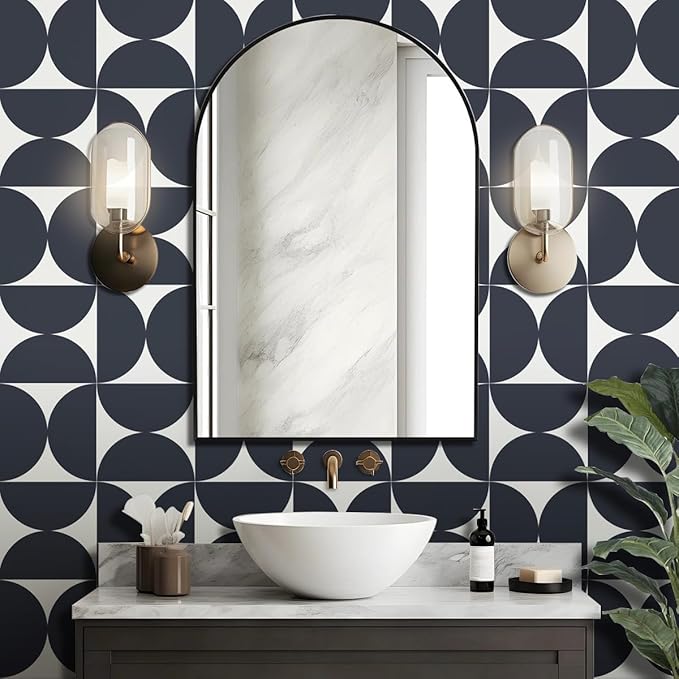 Dimoon 78.7"x17.3"Peel and Stick Wallpaper Geometric Contact Paper Vintage Navy Blue Beige Wall Paper Removable Square Waterproof Self Adhesive Wall Covering for Bedroom Shelf Liner Decal Vinyl Roll
