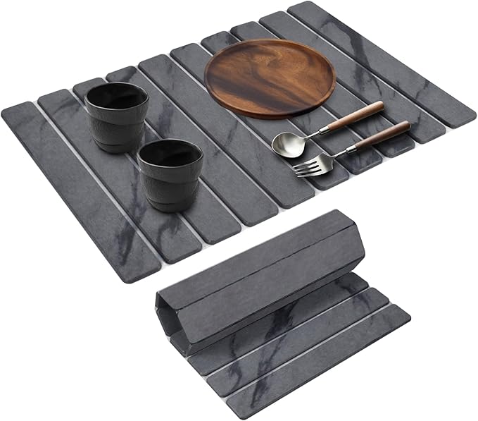 Large Stone Dish Drying Mats for Kitchen Counter, 24"(L)×16"(W) Marble, Drying Collapsible Dish Drying Mat, Eco-Friendly Absorbent Diatomaceous Earth Mats for Dishes Bottles Cups - Dark Grey