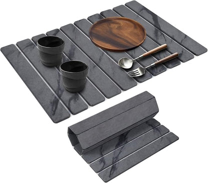 Large Stone Dish Drying Mats for Kitchen Counter, 24"(L)×16"(W) Marble, Drying Collapsible Dish Drying Mat, Eco-Friendly Absorbent Diatomaceous Earth Mats for Dishes Bottles Cups - Dark Grey