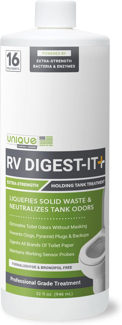 Unique RV Digest-It+, 16 Extra-Strength RV Toilet Treatments - Liquifies Waste and Toilet Paper - Odor Eliminator (32 oz)