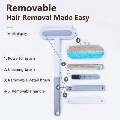 Reusable Pet Hair Remover Brush, 4-in-1 Multifunction Pet Hair Removal Tool with 17.7" Extra Long Handle for Furniture, Car, Carpet & Multi-Surfaces (Blue)