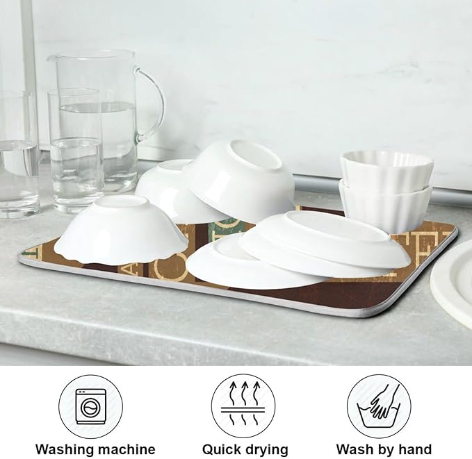 Super Absorbent Dish Drying Mat, Microfiber Fast-Drying Dish Mat, 24" x 18", Kitchen Dish Drying Pad, Coffee Themed Seamless Retro
