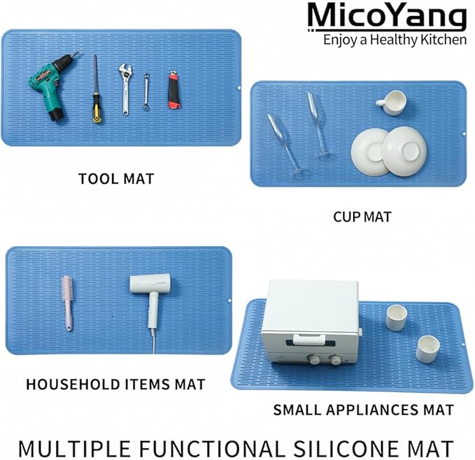 MicoYang Silicone Dish Drying Mat for Multiple Usage,Easy clean,Eco-friendly,Heat-resistant Silicone Mat for Kitchen Counter or Sink,Refrigerator or Drawer Liner Lichen BlueL 5XL 36inches x 18inches
