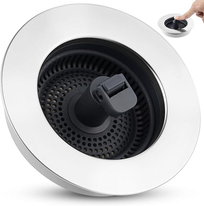 Universal 3-in-1 Kitchen Sink Strainer Stopper Pop Up Sink Drainer with Upgrade Folded Handle, for US Standard 3-1/2 inch Drain Filter, Chrome Stainless-Wraped Shell, Anti-Clog