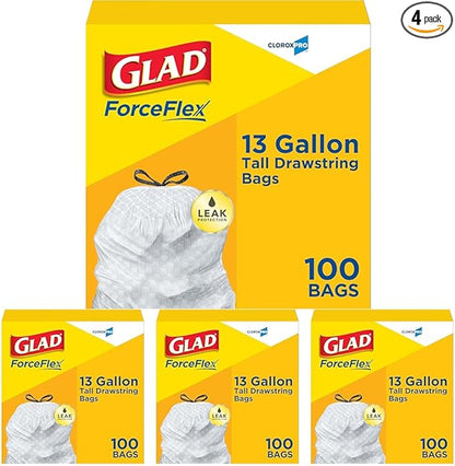 CloroxPro Glad ForceFlex Tall Drawstring Trash Bags,13 Gal,100 Ct (Pack May Vary),(Pack of 4)