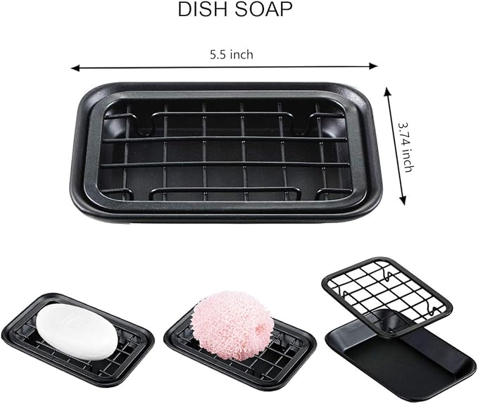 Kitchen and Bathroom Soap Dish Tray - Metal 2-Piece Soap Dish Tray with Drainage Grid and Holder for Kitchen Sink Countertops to Store Soap, Sponges, Scrubbers - Rust Resistant - 2 Pack (Black)