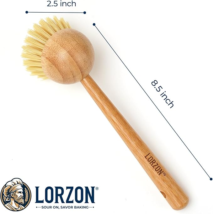 2 Pack Dish Brush with Handle, Bamboo Dish Scrub Brush, Kitchen Brushes for Dishes, Scrubber, Pots, Pans, Sink, Dishwashing Cleaning Brush