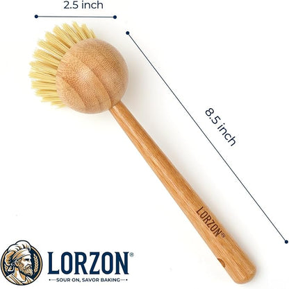 2 Pack Dish Brush with Handle, Bamboo Dish Scrub Brush, Kitchen Brushes for Dishes, Scrubber, Pots, Pans, Sink, Dishwashing Cleaning Brush