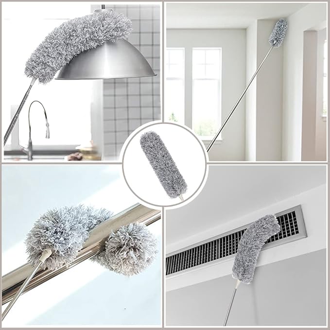 Microfiber Duster Cleaning Kit with 100 Inch Telescoping Extension Pole, Reusable Bendable Dusters, Washable Dusters for Cleaning Ceilings Fan Gray