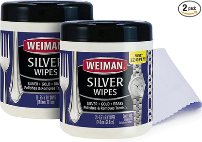 Weiman Jewelry Polish Cleaner and Tarnish Remover Wipes - 20 Count (2 Pack) with Polishing Cloth - Use on Silver Jewelry Antique Silver Gold Brass Copper and Aluminum