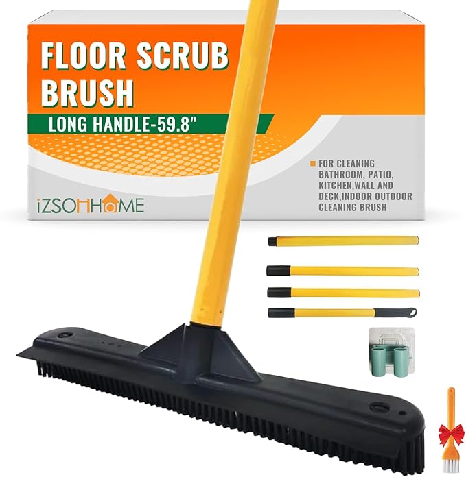 Push Broom,Pet Hair Removal Broom with Squeegee,Soft Silicone Bristle Broom with Long Handle,Non Scratch Carpet Sweeper Brush for Cat Dog Hair Hardwood(Orange) Extra Long for Tall People