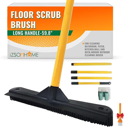 Push Broom,Pet Hair Removal Broom with Squeegee,Soft Silicone Bristle Broom with Long Handle,Non Scratch Carpet Sweeper Brush for Cat Dog Hair Hardwood(Orange) Extra Long for Tall People