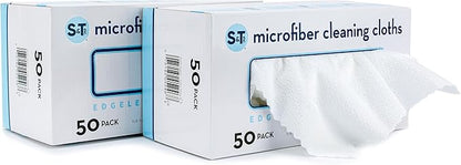 S&T INC. Microfiber Cleaning Cloths with Box, Two 50pk Boxes, Bulk Towels for Home, Reusable Microfiber Towels for Cars, Cleaning Rags, White, 190gsm, 11.8 Inches x 11.8 Inches
