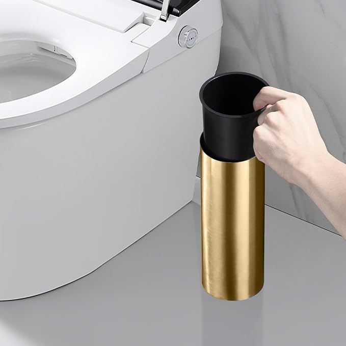 Toilet Brush and Holder Set - Brushed Stainless Steel Gold Toilet Brush and Holder with Removable Liner and Splash Protection - Dense bristles (with Brush Handle)