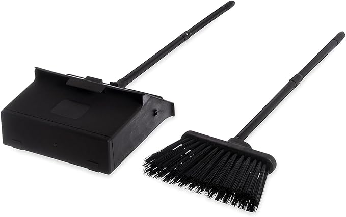 Carlisle FoodService Products Duo-Pan Lobby Broom and Dustpan Set – 36" Upright Broom with 2-Piece Handle and Pivoting Pan – Compact Commercial Floor Tool for Tight Spaces, Black