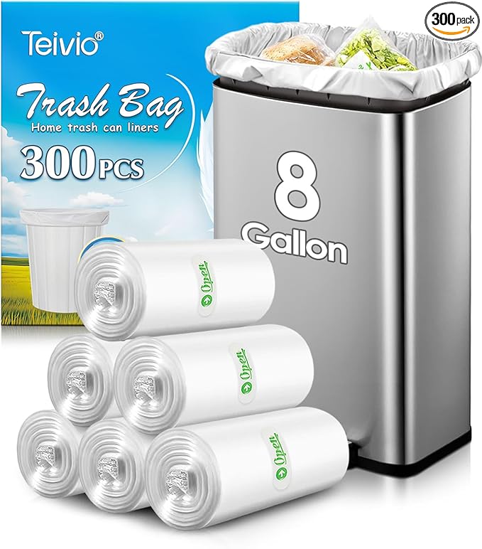 8 Gallon 300 Counts Unscented Medium Trash Bags,Fit 7,8,9,10 Gal Garbage Bags by Teivio, 30 Liter Thick Bathroom Can Bin Liners,Plastic Bags for Home Office Kitchen, Clear