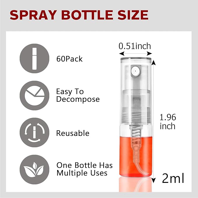 Mini Spray Bottle 2ml, Refillable Glass Spray Bottle, Glass Bottle Atomizer, Perfume Mouthwash Atomizer for Cleaning Refillable Container for Travel, Essential Oils, Perfume 60 Pcs, 2ml