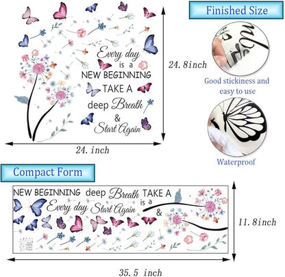 Flowers Wall Decals Removable Dandelion Wall Stickers Inspirational Quotes Flying Butterfly Wall Stickers Murals Self-Adhesive Peel and Stick Colorful Flower Wall Decor for Girls Bedroom Living Room