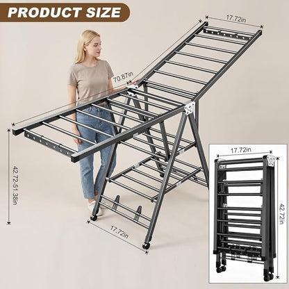 Heavy Duty 3-Tier Clothes Drying Rack with Wheels & Shoe Rack - Large 5.9ft Foldable Metal Laundry Stand, Portable Collapsible Clothing Hanger for Indoor Outdoor Use in Laundry Room
