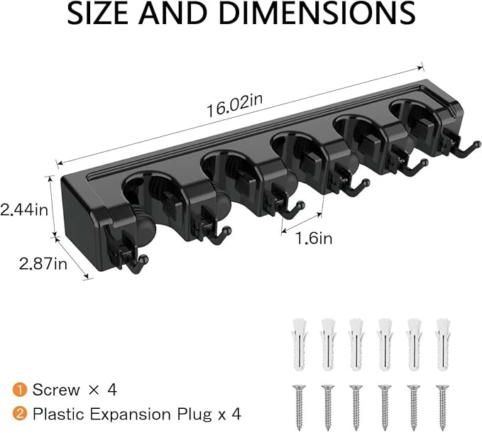 Broom Holder Wall Mount, Heavy Duty Mop Holder Wall Mount with Hooks & Slots, Garage Storage Wall Hanger for Shovel, Rake, Kitchen, Laundry & Shed