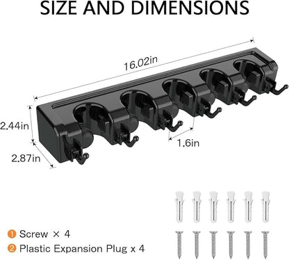 Broom Holder Wall Mount, Heavy Duty Mop Holder Wall Mount with Hooks & Slots, Garage Storage Wall Hanger for Shovel, Rake, Kitchen, Laundry & Shed
