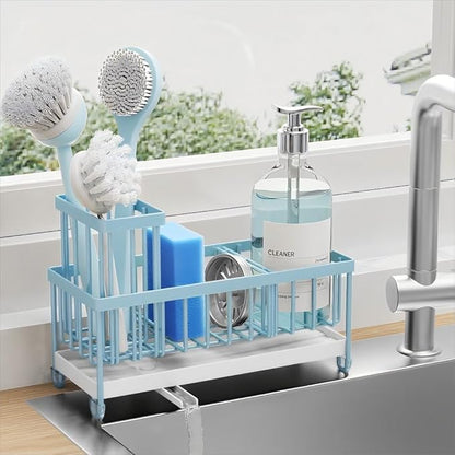 Cisily Sponge Holder for Kitchen Sink, Sink Caddy Organizer with High Brush Holder, Kitchen Countertop Organizers and Storage Essentials, Rustproof 304 Stainless Steel (Blue, 9.25″)