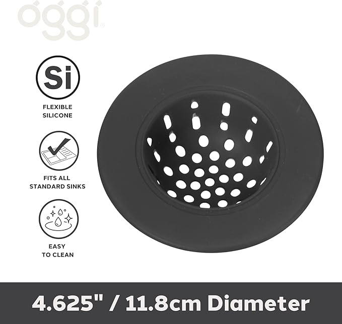 OGGI Silicone Sink Strainer- Great Kitchen Sink Strainer, Sink Drain Strainer, Drain Stopper, Sink Plug, 4.6˝ Diameter Rim, Black (Pack of 2)