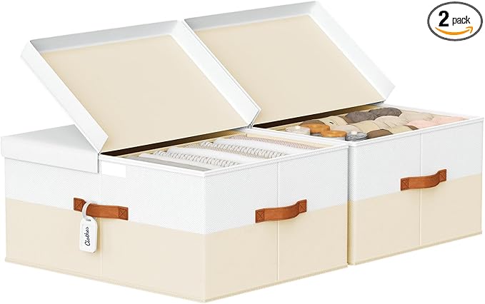 Extra Large Storage Bins - 2 Pack Closet Storage Boxes with Double-Open Lid & Divider Board, Stackable Colthes Storage Organizer, Fabric Basket with Label Tag for Home, Laundry