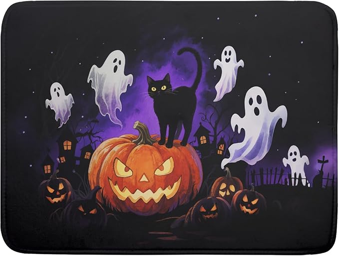 Halloween Ghost Pumpkin Dish Drying Mat for Kitchen Counter 18x24 Black Cat Holiday Scary Theme Absorbent Reversible Microfiber Drying Mats Kitchen Countertop Protector Dishes Drainer Pad