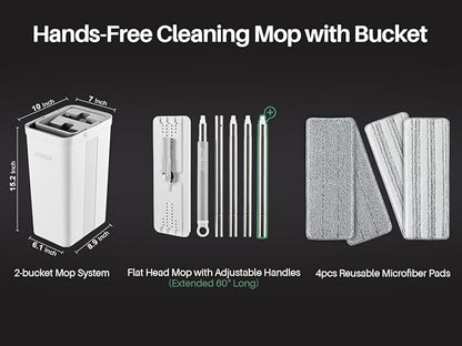 JOYMOOP Mop and Bucket Set with Wringer, Flat Mops for Floor Cleaning, Wall Mop Cleaner with Long Handle, Hardwood Floor Mop with 4 Microfiber Pads