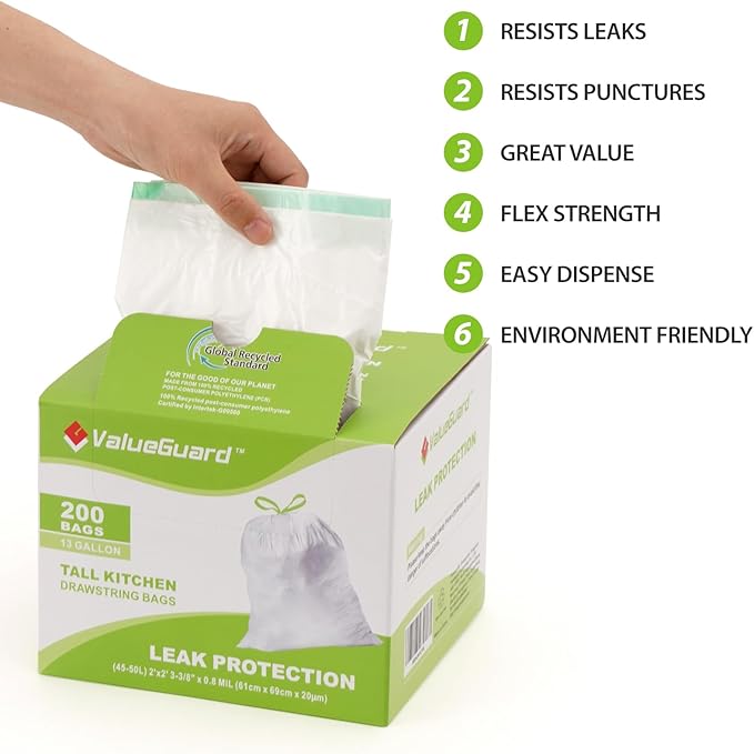 ValueGuard Large Trash Bag 13 Gallon Tall Drawstring 100% Post-Consumer Recycled Garbage Bag Waste Bag for Kitchen Office 0.8 Mil (200 Count)