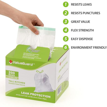 ValueGuard Large Trash Bag 13 Gallon Tall Drawstring 100% Post-Consumer Recycled Garbage Bag Waste Bag for Kitchen Office 0.8 Mil (200 Count)