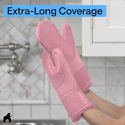 GORILLA GRIP BPA-Free Soft Silicone Oven Mitts, 14.5x8.3, Heat Resistant and Waterproof Cooking Gloves, Thick Cotton Lining, Flexible Gripping for Baking Grilling, Kitchen Potholders Set of 2, Pink
